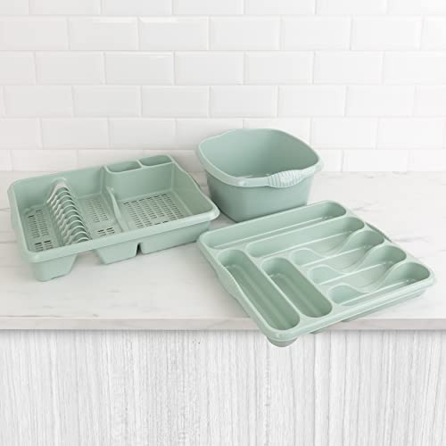 Image of Wham 3 Piece Casa Plastic Kitchen Set Silver Sage (38cm Rectangular Bowl, Large Cutlery Tray & Large Dish Drainer)