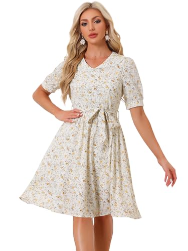 Image of Allegra K Women's Vintage Peter Pan Collar High Waist Flowy Midi Puff Sleeve Floral Dress