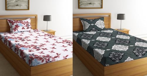 Image of la' amour Pure Cotton 220 tc Flat Single Bedsheets Combo Pack of 2 Bed Sheet for Breathable | Wrinklefree Super Soft (Size-60 X 90 Inch) with 2 Pillow Covers (Size-17 X 27 Inches, White & Grey)