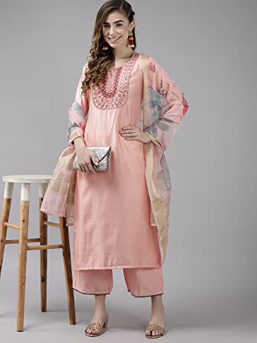 Image of INDO ERA Women's Cotton Blend; Organza & Rayon Kurta Palazzo With Dupatta Set