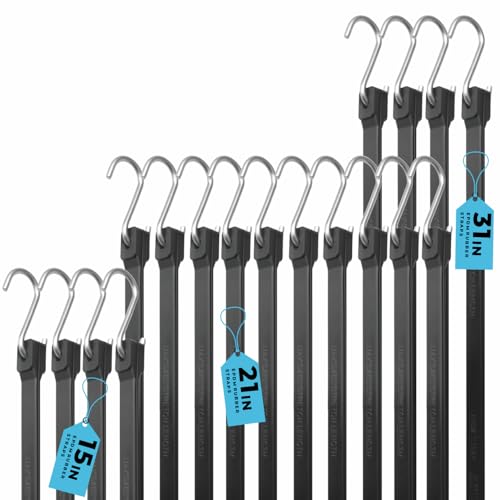 XSTRAP STANDARD 20 Pack Multiple Size Natural Rubber Tarp Bungee Straps Tie Down Cords with S Hooks Heavy Duty Ideal EPDM Bungee Cords for Outdoor Tarp Covers Canvas Canopies and Cargo