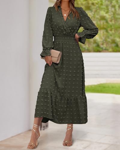 BTFBM Women Fall Maxi Dresses 2025 Long Sleeve V Neck Swiss Dots High Waisted A-Line Ruffle Boho Long Dress Vacation3