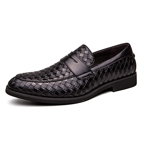 Men's Woven Leather Slip-On Formal Oxfords,Comfortable Breathable Business Flat Loafers Luxury Wedding Party Dress Shoes Soft Sole Walking Shoes