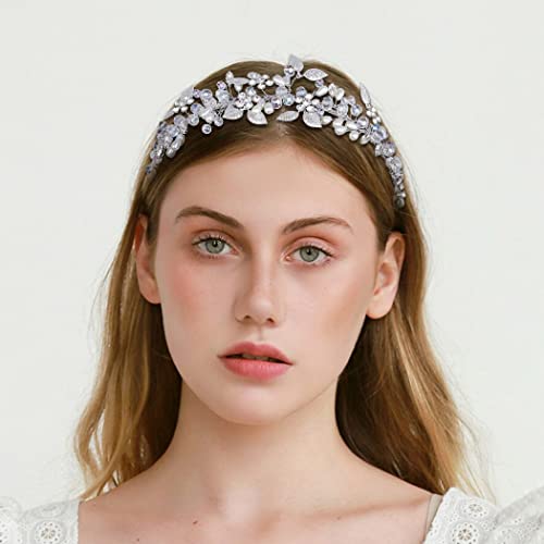 IYOU Pearl Wedding Headband Silver Hair Bands Flower Leaf Prom Bridal Hair Accessories for Brides and Bridesmaids - Image 3