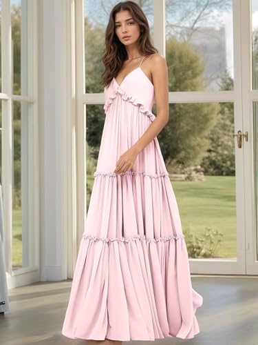 Spaghetti Strap Chiffon Bridesmaid Dresses for Women Tiered Ruffle Wedding Guest Dress V Neck Long Formal Party Gown4