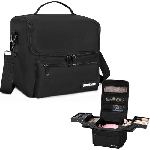 OUUTMEE Makeup Travel Train Case, Black Makeup Carrying Organizer Bag, 4 Tier Professional Organizer...