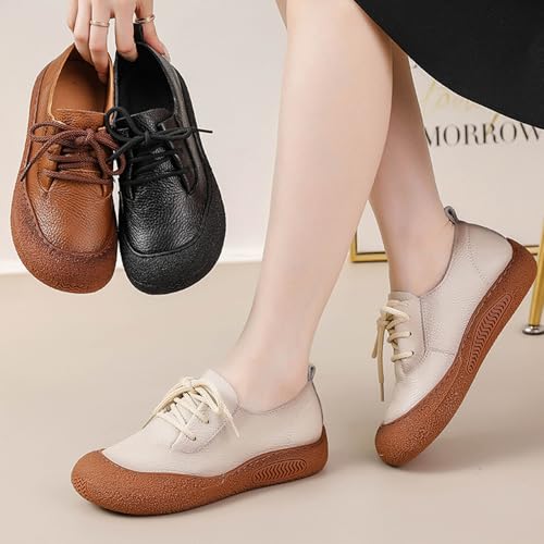 Women's Vintage Wide Toe Box Leather Flats,Comfortable Orthopedic Soft Sole Lace Up Casual Dressy Walking Shoes4