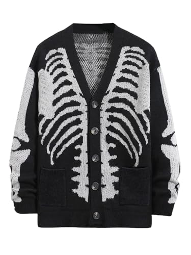 PLEPAN Men's Skeleton Cardigan Sweaters Button Down Unisex Knitted Halloween Sweater Outwear with Pockets, Black, L