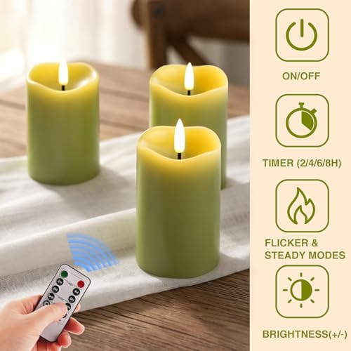 Image of Sage Green Flameless Votive Candles with Remote Batteries Set of 6 | 2x3 inch Small Flickering LED Pillar Candles, Battery Powered, Real Wax Coating, Home Table Shelf Decor