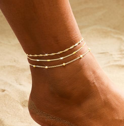 Image of 2 /3 PCS Gold Anklets for Women Waterproof Cuban Link Anklet Beaded Bracelets Stackable Bracelets 14K Gold Plated Custom Jewelry Gifts Non Tarnish Lightweight