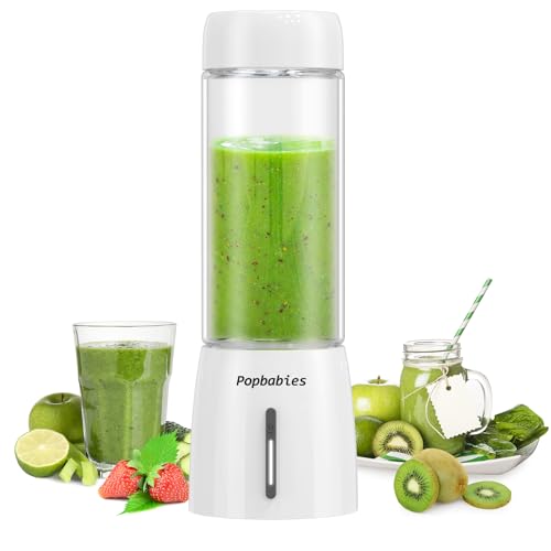 Image of Popbabies Portable blender for smoothie and juices, 450ML Ice Crushing, blender smoothie juice, Pulse Mode Feature, 4000mAh, USB Waterproof Charging Port, Food Grade Jar, 6 Sharp Blade (White)