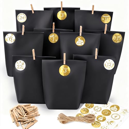 Adventskalender zum Befüllen Schwarz - HAUSPROFI 24 DIY Papiertüten mit 24 exklusiven Gold-Stickern - Weihnachtskalender zum Selber Basteln für Kinder & Erwachsene