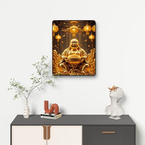 Image of SAF Golden Laughing Buddha Wall Art | Wealth Money Gold Coin Blessing Painting in Black Frame Sparkle Lamination | Feng Shui Vastu Decor for Office Business Success (14 Inch x 11 Inch) K-36116