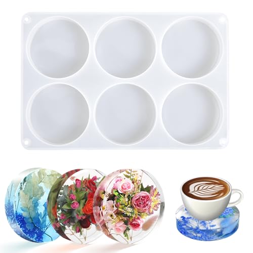 KISREL Round Resin Molds Large 6 Cavity Coaster Silicone Molds Deep Coaster Molds for Epoxy Resin Epoxy Resin Molds for Epoxy Resin Crafts Coasters DIY Crafts