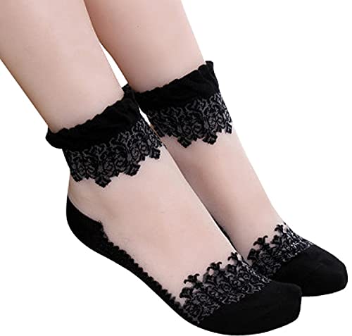 Lovful 3 Pairs Women's Ultrathin Transparent Lace Elastic Short Socks,Black #TOP3