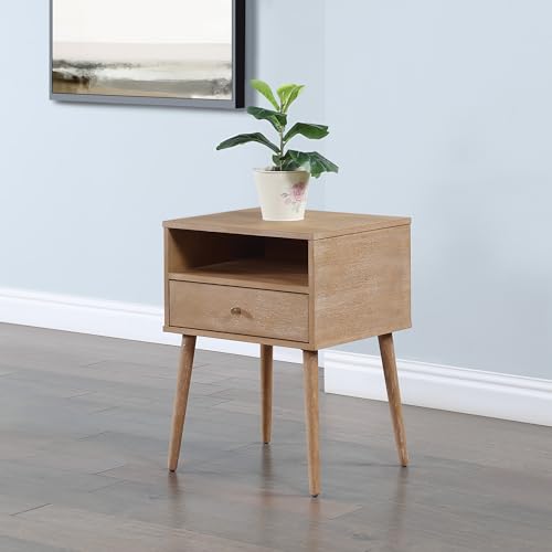 Image of OSP Home Furnishings Rena Mid-Century Modern Accent Table with Light Ash Finish, Side Table with Drawer and Shelf
