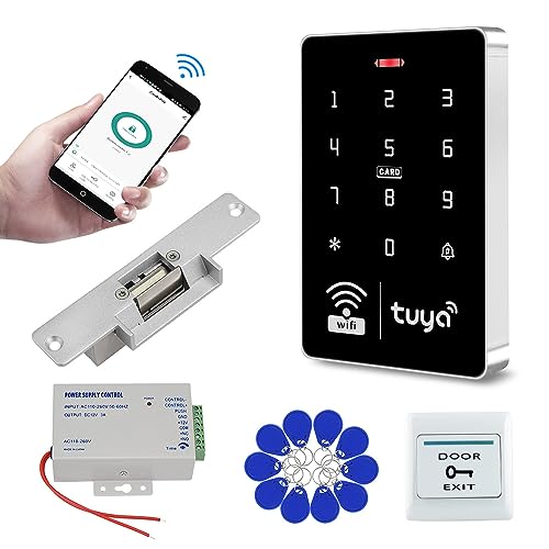 QTTYELOK WiFi Tuya APP Access Control System Waterproof Kits RFID Keypad Controller 125KHz 13.56MHz + Door Electric Strike Lock + DC12V Power Supply 10 000 Large User Capacity