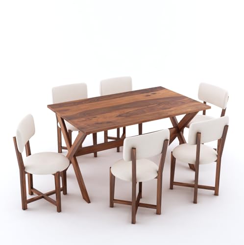 Image of MURALICRAFT Sheesham Wood 57 inch Dining Table 6 Seater | Six Seater Dinning Table Set with 6 Upholstered Dining Chairs | Table Top: Premium Sheesham Wood | Chair: Round Edge | Easy Assembly, Honey