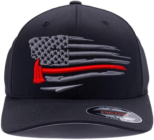 Thin Red Line Fire Department Distressed American Flag with Firefighter Axe Embroidered. 6477/6277 Flex Fitted Baseball Hat - Image 2