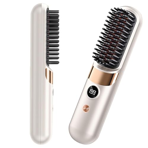 Cordless Hair Straightener Brush - Portable Rechargeable Ceramic Styling Brush with 4 Adjustable Heat Modes & LED Display (Cream White)