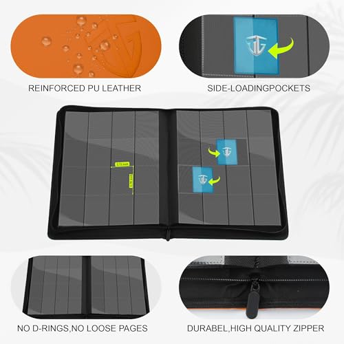 Image of 16 Pockets Trading Card Zipper Binder for 1000+ Cards| Secure Side Loading Pockets | Trading Card Album Folder | Compatible with YuGiOh, MTG,Sports Cards (Orange 16)