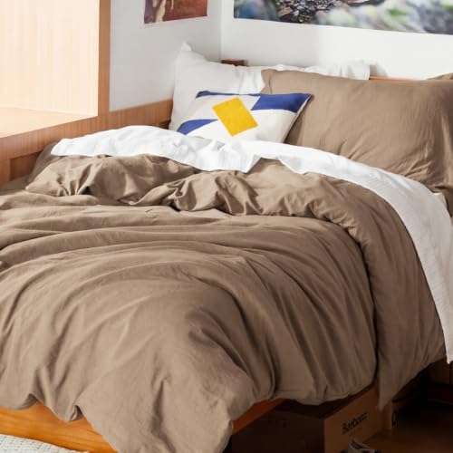 Image of Bedsure Prewashed Twin /Twin XL Duvet Cover, Cotton-Like Bedding Set, Brown | Ultra Soft, Relaxed Texture, Twin XL Breathable Comfort, Hidden Zipper, 8 Corner Ties, Easy Care, OEKO-TEX, Year-Round Use