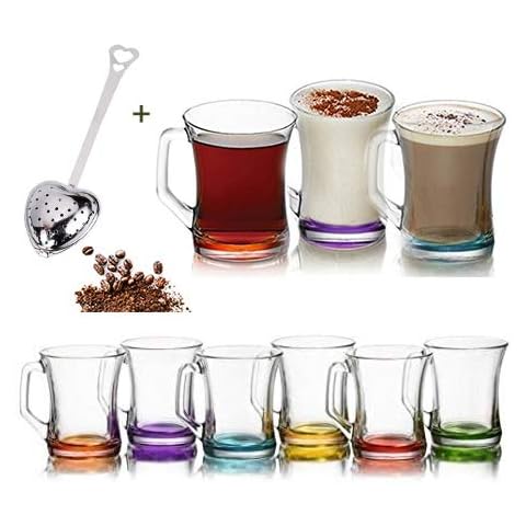 Set 6 LAV Coloured Coffee Glasses & Heart Tea Infuser -Beautifully Blown Tea Glasses, Cappuccino Mugs, Latte Glasses, Cafe, Hotel, Bistro Cover