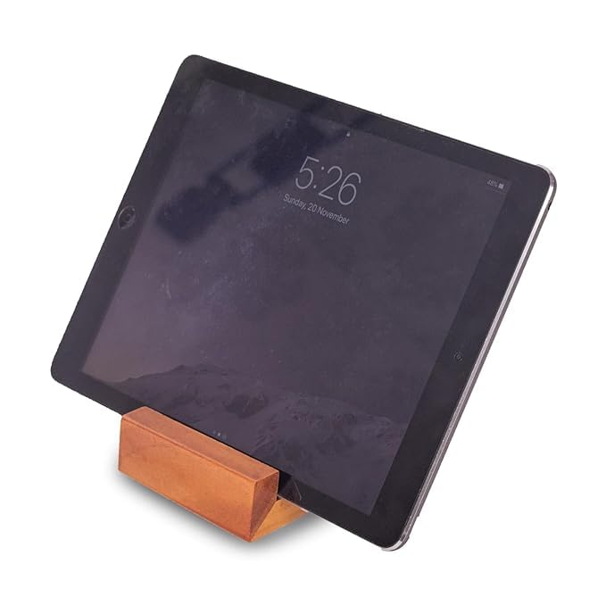 Image of Amazon Brand - Solimo Wooden Table Mount Mobile Stand | Multi-Angle Phone & Tablet Holder for Desk, Bedside, Office | Solid Wood Mobile & Tablet Stand for Home, Office & Online Classes (Honey Finish)