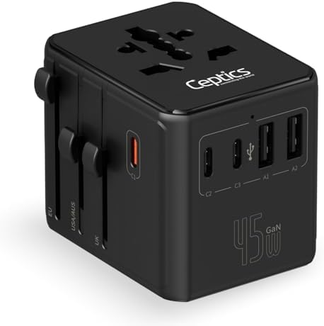 Ceptics 8 in 1 Universal Travel Adapter for EU, UK, US, AU and More, World Travel Adapter, 2X US Socket, Universal Socket, 3X USB-C and 2X USB-A, 45W Fast Charge – UP-45KU-BL