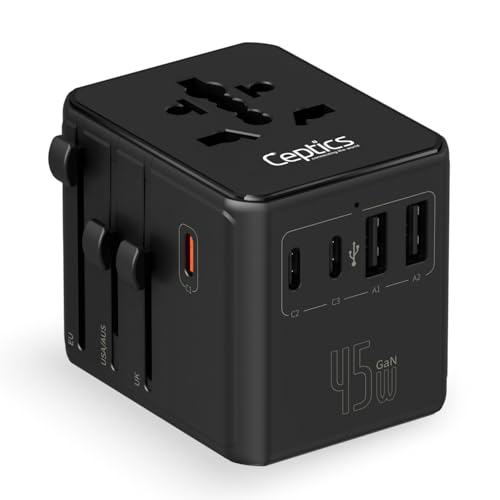 Ceptics 8 in 1 Universal Travel Adapter for EU, UK, US, AU and More, World Travel Adapter, 2X US Socket, Universal Socket, 3X USB-C and 2X USB-A, 45W Fast Charge – UP-45KU-BL