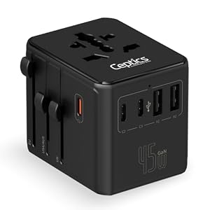 Ceptics 8 in 1 Universal Travel Adapter for EU, UK, US, AU and More, World Travel Adapter, 2X US Socket, Universal Socket, 3X USB-C and 2X USB-A, 45W Fast Charge – UP-45KU-BL
