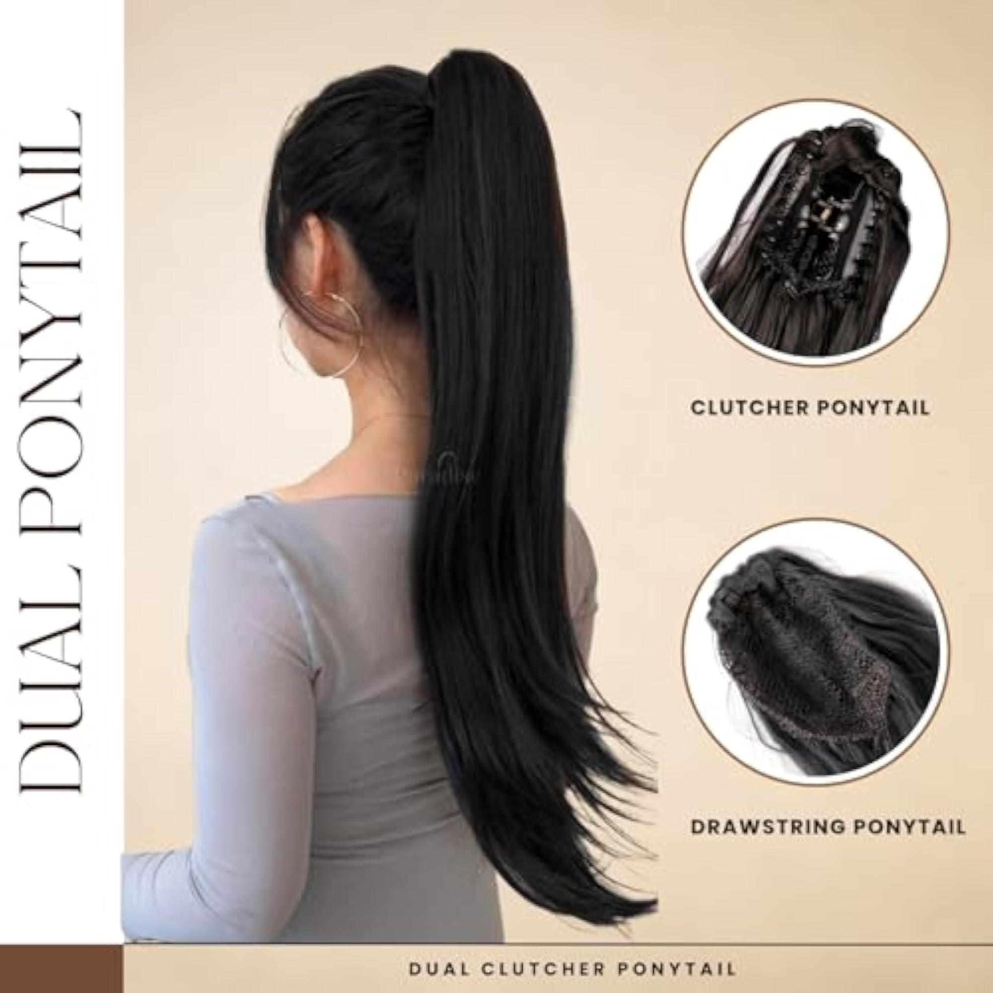 Ponytail Hair Extensions for Women, Natural Black Straight