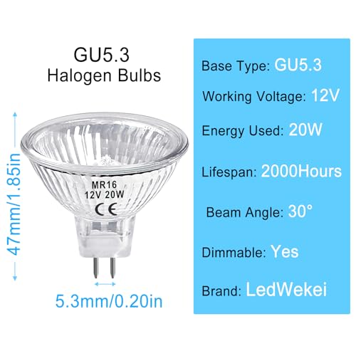 LedWekei Gu5.3 Halogen Bulbs,mr16 12v 20w Halogen Bulb,Dimmable 2700K Warm White Light Bulbs (6 Pack), Mr16 12v20w - Image 2
