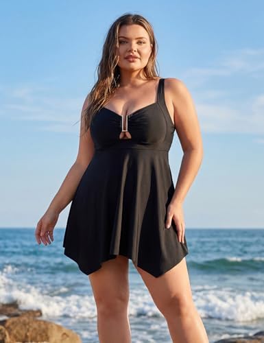 Hanna Nikole Women Plus Size One Piece Swimsuit Tummy Control Bathing Suit Flowy Black Swimdress Elegant Swimwear Beach 1X