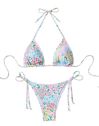 ZAFUL Womens Printed Triangle Bikinis 2 Piece Halter Bikini Sets High Cut Bathing Suit Side Tie Swimsuits W-Flower S