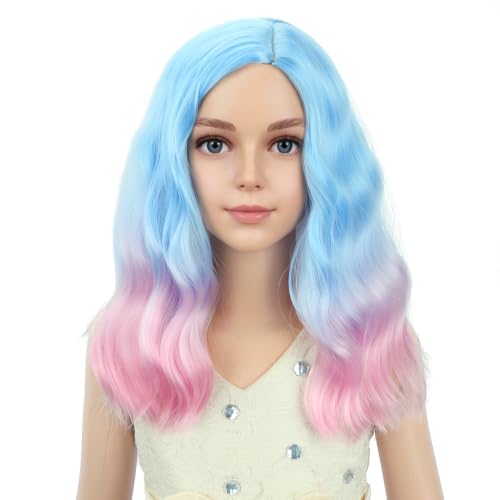 Image of PATTNIUM Blue Ombre Pink Short Curly Wavy Wigs for Kids Girls Side Part Shoulder Length Heat Resistant Synthetic Wig Halloween Cosplay Costume Party Wigs