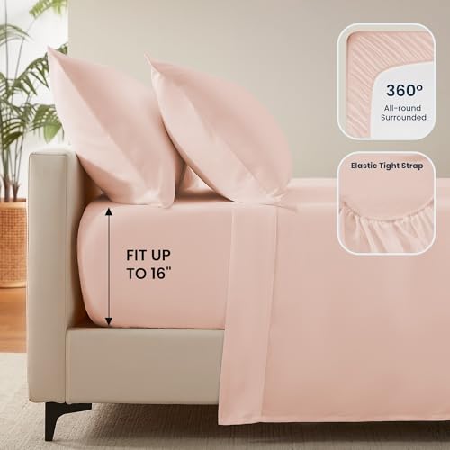 SLEEP ZONE Nanotex Super Soft Cooling King Bed Sheets Set for Kids 3 Piece - Easy Care Fitted Flat Sheet & Pillowcase Sets - Wrinkle Free,Fade Resistant,Deep Pocket 16",Rose Pink,King