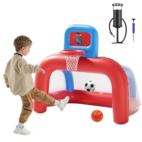 QPAU 2-in-1 Inflatable Toddler Basketball Hoop & Soccer Goal Set, Indoor Outdoor Sports Center Toys for Kids, Baby Toddlers Birthday Gift for 1 2 3 4 5 Year Old Boys Girls