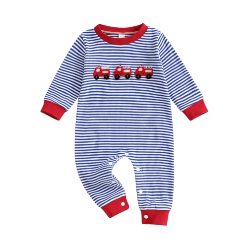 Baby Boy Romper Fire Truck Embroidery Waffle Striped Jumpsuit Long Sleeve Bodysuit Cute Newborn Fall Winter Clothes