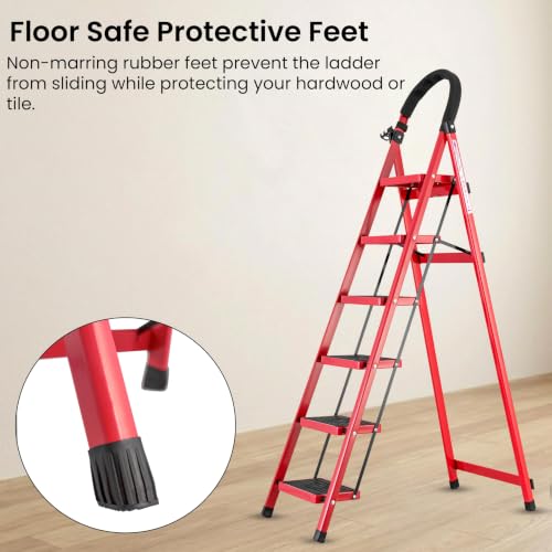 Image of Casa Copenhagen Red 6 Step Ladder for Home Use with Built-in Tool Tray | Heavy Duty D Shape Rods | Ultra Large Platform | Secure Lock and Stability | 150Kg Capacity Foldable Ladder - 7 Years Warranty