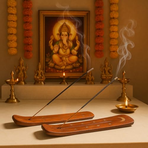 Image of Pure Source India Wooden 10 inch Incense Stick Holder with Brass Moon & Star Inlay Design (Set of 2)- Handmade Agarbatti Stand for Home, Puja, and Meditation