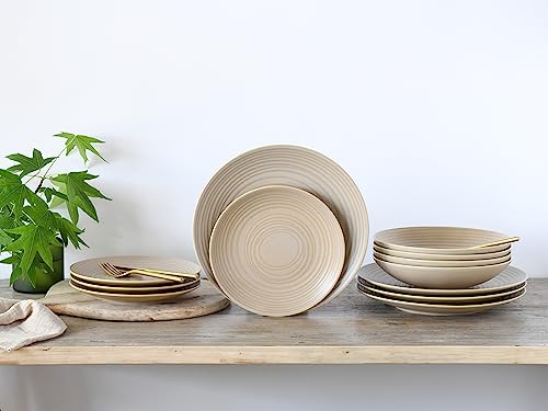 CreaTable, 23919, Serie Lava Stone Sand, 12-teiliges Geschirrset für 4 Personen, Teller Set aus Steinzeug, spülmaschinen- und mikrowellengeeignet, Made in Europe
