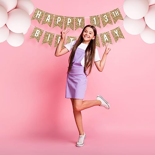Image of Pre-Strung Happy 13th Birthday Banner - Gold Glitter Birthday Banner | No DIY - Gold Glitter 13th Party Decorations for Boys & Girls - Pre-Strung on 6 ft Strands - Bday Party Decorations & Decor