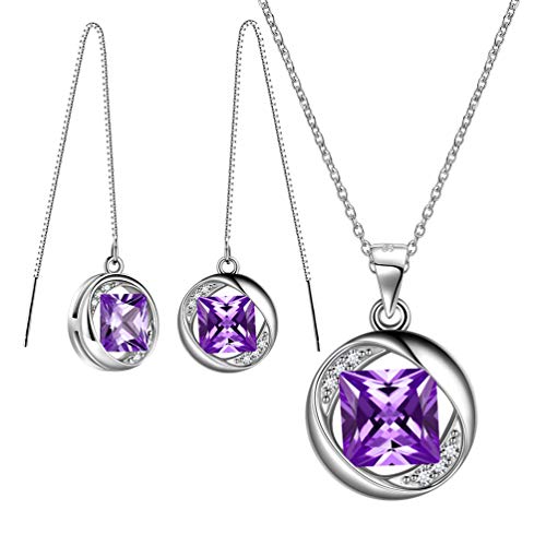 Besilver Febuary Amethyst Rhinestone Birthstone Earrings and Necklace Set for Teen Girls 925 Sterling Silver Round Cut Stone Jewelry Set Gift FS0097F