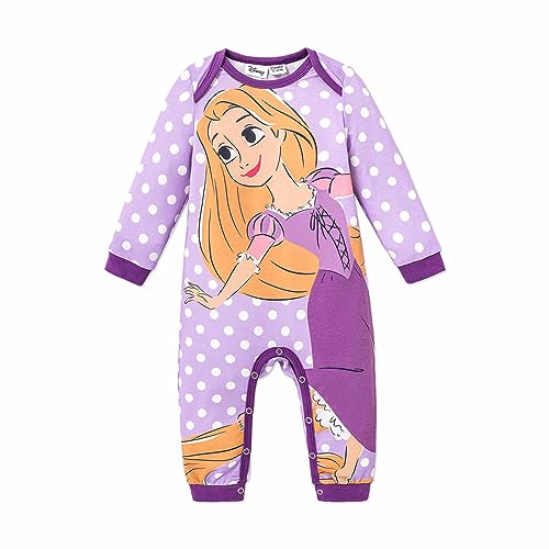 Image of Disney New Born Baby Girl Romper Character Polka Dots Long-sleeve Jumpsuit Bodysuit, Purple, 3-6 Months