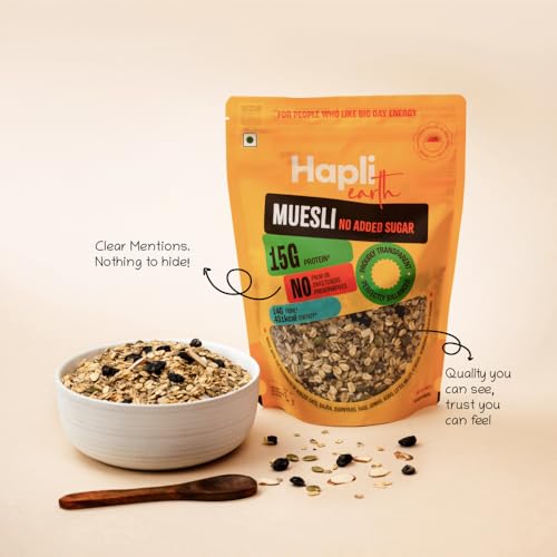 Image of Hapli Earth 6 Millet Muesli No Added Sugar | 15g Protein, High Fibre | Healthy Breakfast Cereal with Rolled Oats, Almonds, Black Raisins & 4 Seeds | No Palm Oil, No Preservatives | 250g