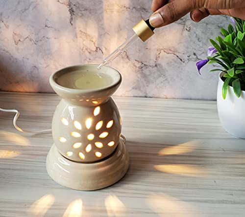 Image of Indian Fragrance Ceramic Electric Aroma Diffuser Lamp| Oil Burner Night Lamp for Home, Bedroom & Office | Decorative Fragrance Diffuser with Warm Light (Off White, Rose)