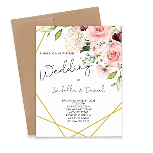 Personalized Floral Wedding Invites, Elegant Wedding Invitations with Florals, Modern Wedding Invitation with Envelopes, Pink Floral Marriage Invite, Your choice of Quantity and Envelope Color