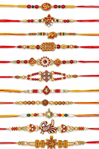 TrendBell Set of 12 Designer Rakhis for Brother Multicolor Beads Rakhi AD Rakhi Turtle Rakhee Rudraksha Ganesha Rakhis | Raksha Bandhan Rakhi for Brother With Roli and Greeting Card