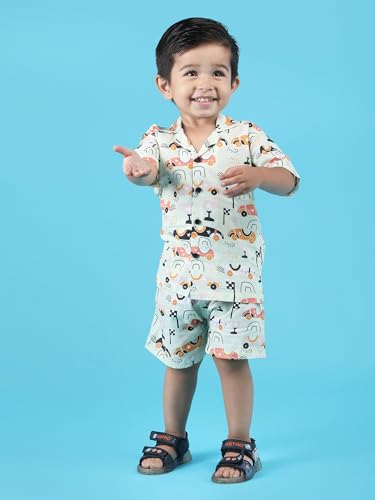 Image of POLKA TOTS Cotton Boys Summer T-shirts and Shorts Combo Set | Premium Printed Shirt & Shorts Combo| Summer Toddler Outfit for Kids | Co-Ord Set For Boys | Racing car Print | Light Green 2-3 Y